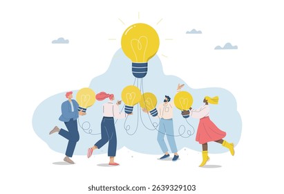 Lightbulb brainstorming, Team sharing of new ideas to create an organization, Flat design vector illustration.

