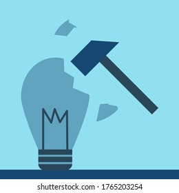 Lightbulb broken by hammer. idea concpet. 