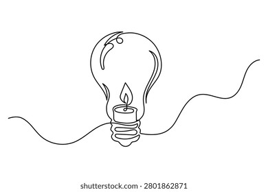 Lightbulb with burning candle inside continuous one line art illustrationLightbulb with burning candle inside continuous one line art illustration