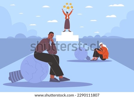 Lightbulb burnout idea. People with broken lamps. Unrealized plans and unsolved tasks. Creative happy girl with glowing light bulbs on pedestal. Exhausted man and woman