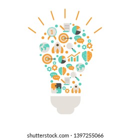 Lightbulb with business and finance icons. Isolated vector illustration.