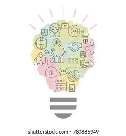 Lightbulb with business and finance icons. Isolated vector illustration.