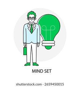 Lâmpada e ícone de empresário, desenvolvimento de mentalidade, vetor de liderança criativa
