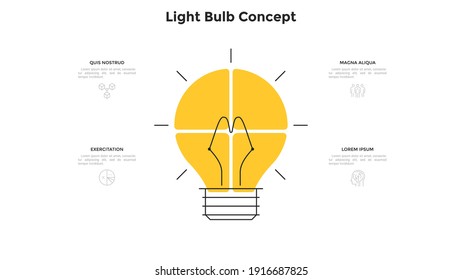 Lightbulb Chart Divided Into 4 Sectors. Concept Of Four Features Of Creative Hi-tech Startup Project. Simple Infographic Design Template. Modern Flat Vector Illustration For Business Presentation.