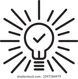 Lightbulb with Checkmark Icon, flat stroke linear simple trend modern efficiency logotype design element isolated on white.