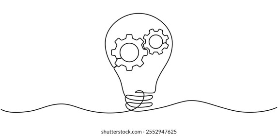 Lightbulb with cogwheel inside continuous line art drawing. Creative idea process. Innovation symbol. Brainstorming sign. Vector illustration isolated on white.