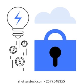 Lightbulb with coins, padlock, and cloud. Ideal for financial innovation, security, cloud computing, digital economy, and technology integration. Simple, modern style