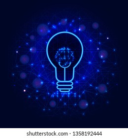 Lightbulb concept from lines, points and triangles on abstract blue low poly background. Lamp or light bulb design for creative idea, digital data, brain power or knowledge. Vector illustration