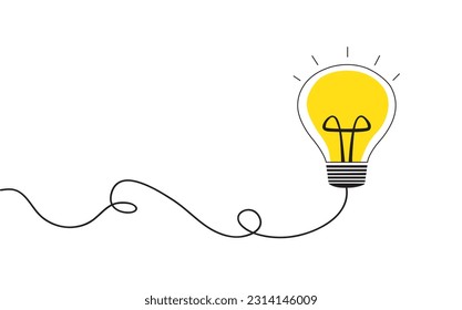 Lightbulb connected with a black line cable on a white background with copy space
