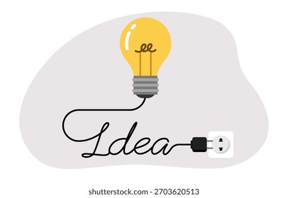 Eine Glühbirne, die mit einer Steckdose durch einen Draht verbunden ist, der als das Wort "Idee" geformt ist und das Konzept von Ideen veranschaulicht, die eine Quelle der Energie oder Inspiration benötigen, um verwirklicht zu werden.