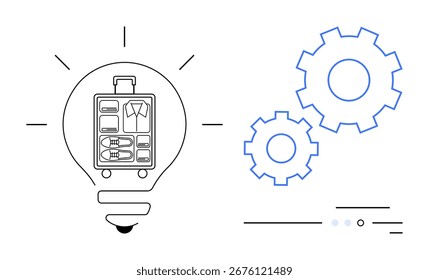 Lightbulb containing neatly packed suitcase adjacent to two blue gears. Ideal for innovation, travel efficiency, organization, packing tips, automated processes, creative solutions, productivity