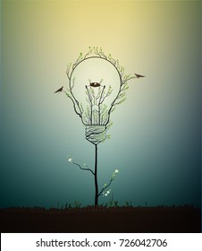 lightbulb created from the leaves and looks like spring tree growing on soil with birds and nest, green energy concept, vector