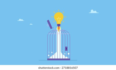 Idea creativa de la bombilla que rompe la jaula de pájaro con el lanzamiento del propulsor del cohete. Libera creatividad o desbloquea ideas de negocio para crecer más allá de las limitaciones.