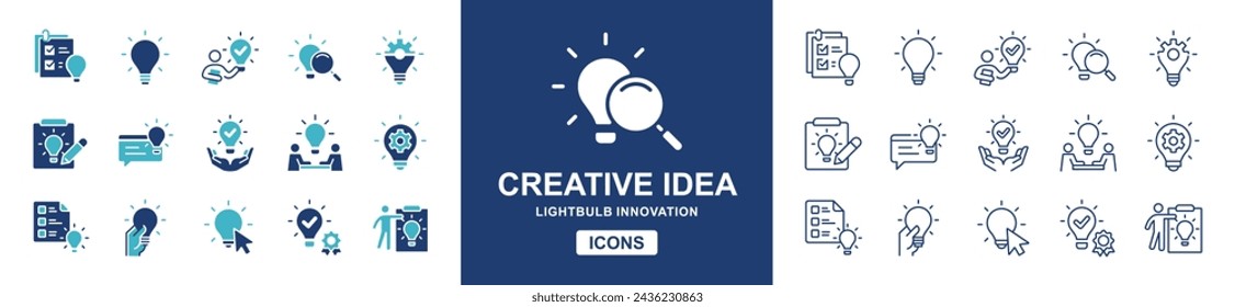 lightbulb creative idea icons set. Creativity, thinking, innovation, inspiration, lamp, and solution icons vector illustration. solid and line style symbol collection