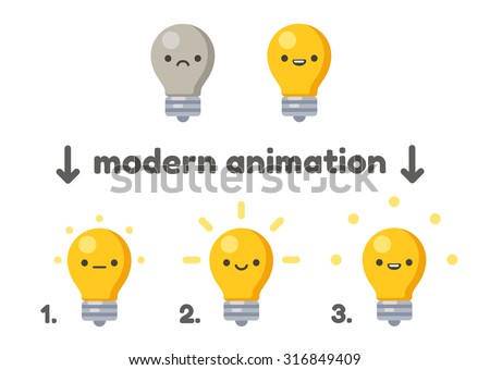 Lightbulb with cute cartoon face animation frames. Turning on from sad to happy. Modern vector style.