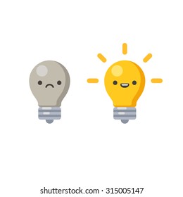 Lightbulb with cute cartoon face, lit and off, symbolizing creative process. Vector illustration in simple flat style.