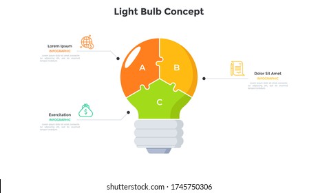 Lightbulb Divided Into 3 Colorful Parts. Concept Of Three Features Of Innovative Technology For Financial Profit Generation. Modern Infographic Design Template. Vector Illustration For Presentation.