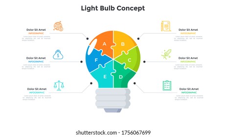 Lightbulb divided into 6 colorful parts. Concept of six features of innovative technology for financial profit generation. Modern infographic design template. Vector illustration for presentation.