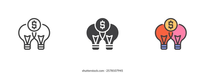 Lightbulb and dollar coin different style icon set. Line, glyph and filled outline colorful version, outline and filled vector sign. Business idea symbol, logo illustration. Vector graphics