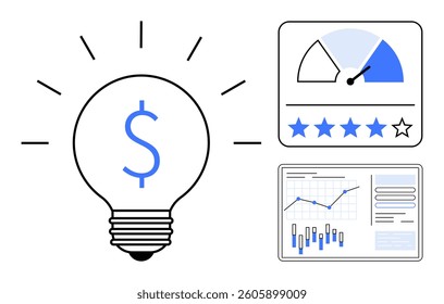 Lightbulb with dollar sign representing ideas and value, next to performance speedometer and bar-chart with line graph. Ideal for business growth, financial analysis, performance metrics, innovation