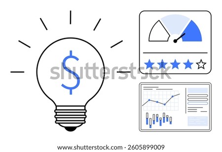 Lightbulb with dollar sign representing ideas and value, next to performance speedometer and bar-chart with line graph. Ideal for business growth, financial analysis, performance metrics, innovation