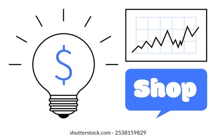 Lightbulb with dollar sign, rising line graph, and blue speech bubble with the word Shop. Ideal for business startups, entrepreneurship, online shopping, economic growth, and e-commerce. Flat vector