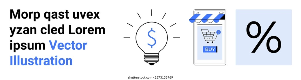 Lightbulb with a dollar sign signifies ideas and solutions tying to a mobile app featuring a shopping cart. Percent sign suggests discounts. Ideal for e-commerce, online shopping, sales, marketing