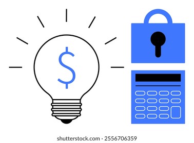 Lightbulb with dollar symbol, calculator, and padlock in blue and black. Ideal for financial planning, budgeting, security, savings, and investment themes. Clean minimal style