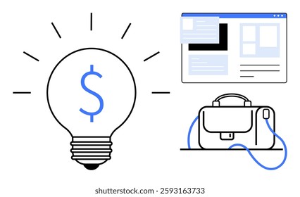 Lightbulb with dollar symbol represents a profitable idea next to a web browser interface and work bag. Ideal for entrepreneurship, online business, e-commerce, start-ups, work-from-home, innovation