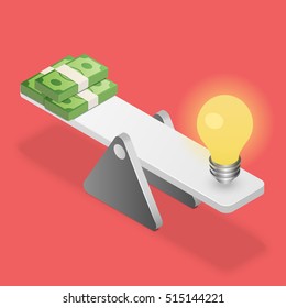 Lightbulb And Dollars On Balance. Idea And Money Stack Balanced On Scales. Idea Is Money. Business Concept. Isometric Vector Illustration