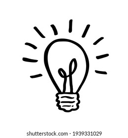 Lightbulb doodle icon Hand drawn logo sign Light glow idea symbol emblem ink sketch Modern cartoon design style Fashion print clothes apparel greeting invitation card banner badge poster flyer cover
