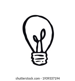 Lightbulb doodle icon Hand drawn logo sign Light glow idea symbol emblem ink sketch Modern cartoon design style Fashion print clothes apparel greeting invitation card banner badge poster flyer cover