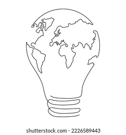 Lightbulb with Earth globe one continuous line drawing. Vector isolated on white background.