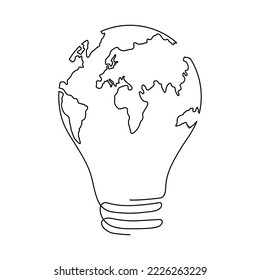 Lightbulb with Earth map one continuous line drawing. Vector isolated on white background.