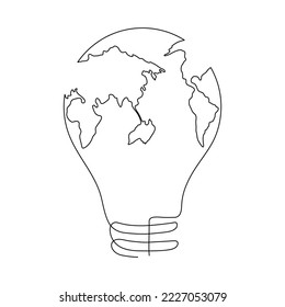 Lightbulb with Earth map one continuous line drawing. Vector isolated on white background.
