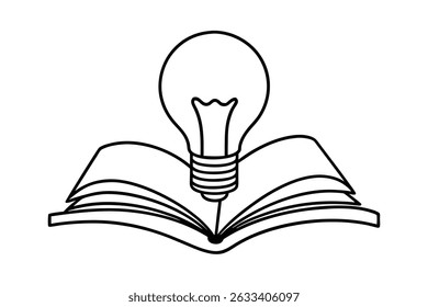 Lâmpada emergindo de um livro aberto simbolizando conhecimento e pensamento criativo