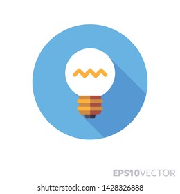Lightbulb flat design round icon. Color symbol of ideas and creativity. Long shadow vector illustration in a circle isolated on white background.