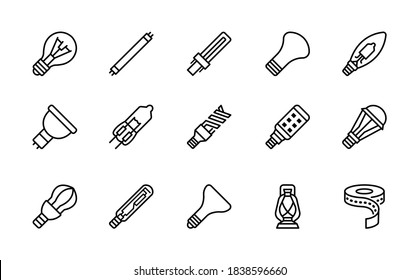 Lightbulb flat line icons set. Vector illustration different types of lamps. Editable strokes