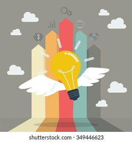 Lightbulb flying with arrow bar chart. Business concept