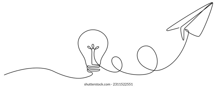 Lightbulb with flying paper plane continuous line drawing. Idea conceptual symbol. Vector illustration isolated on white.