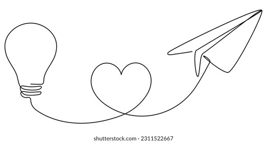 Lightbulb with flying paper plane with heart path continuous line drawing. Idea conceptual symbol. Vector illustration isolated on white.