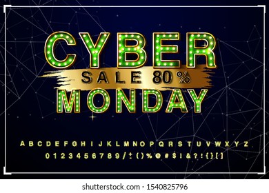 Lightbulb font. Text and sign, bulb bright, alphabet design. Vector illustration. Сan be used for Christmas / Ciber monday / Black Friday and more.