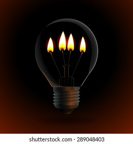 lightbulb with four fire candle on dark background. Light bulb with a candle instead of electricity. Isolated object. 