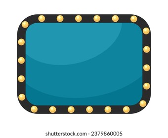 Objeto de dibujos animados 2D de marco luminoso. Signo de cine en blanco aislado elemento vector fondo blanco. Frontera marquesa. Bombillas retro brillando. Marco dorado casino color de imagen plana