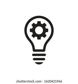 Lightbulb With Gear Cog Concept Black Icon Design. SEO Business Sign. Solution Symbol. Cogwheel Electric Lamp. Vector Illustration.  