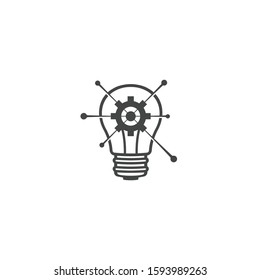 Lightbulb with gear cog inside and dynamic shining line icon sign. Professional logo design concept for technology engineering corporate. Vector illustration isolated on white background