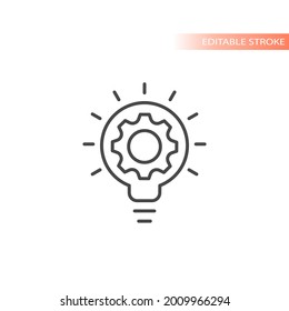 Lightbulb And Gear, Idea Concept Icon. Light Bulb And Cogwheel Symbol, Editable Stroke.