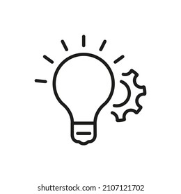 Lightbulb and Gear Idea Concept Line Icon. Technology Innovation Light Bulb, Cog Wheel Linear Pictogram. Creativity Solution Outline Icon. Brain Power. Editable Stroke. Isolated Vector Illustration.