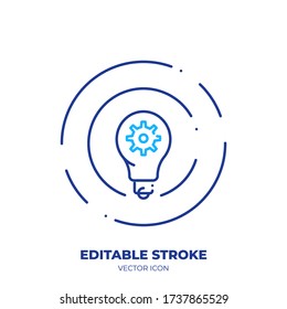 Lightbulb with gear line art vector icon with editable stroke. Outline symbol of innovation idea. Creative solution pictogram made of thin stroke. Isolated on background.