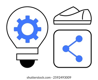 Lightbulb with gear symbol inside, shoe, and share icon with interconnected dots. Ideal for technology, innovation, fitness, social media, digital sharing, creative solutions, modern aesthetics. Line